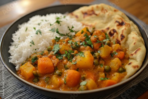 Aromatic vegetable curry served with rice and naan bread