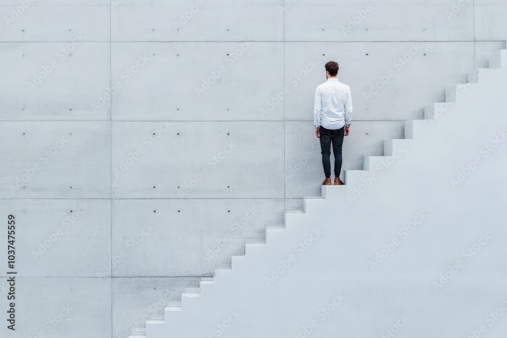 A solitary figure stands at the base of a minimalist concrete staircase, symbolizing the start of a journey upward, captured in a sleek, modern style. A solitary figure stands at the base of a minimalist concrete staircase, symbolizing the start of a journey upward, captured in a sleek, modern style.