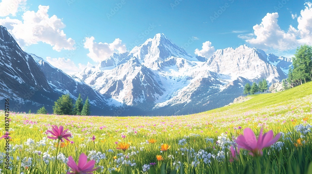 Fototapeta premium Alpine Meadow in Summer Sun: A breathtaking panoramic view of a vibrant alpine meadow bursting with wildflowers, set against the majestic backdrop of snow-capped mountains under a bright, sunny sky.
