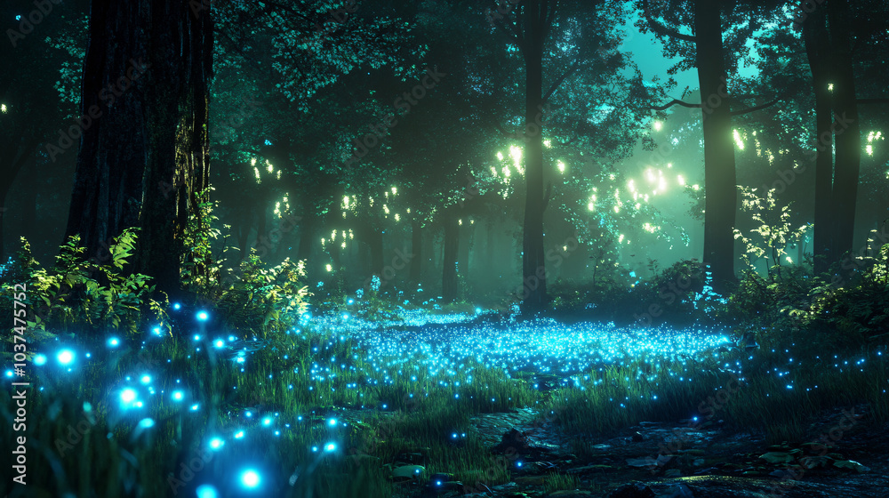 Fototapeta premium A magical forest with bioluminescent plants lighting up the night.