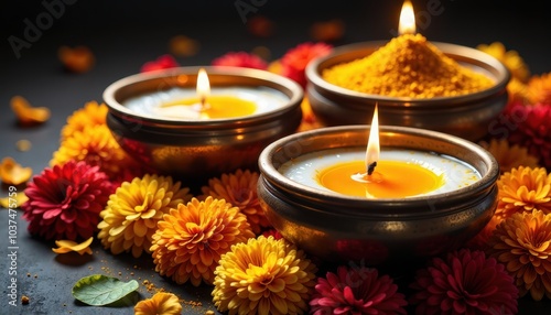 Decorative brass bowls with coconut oil, turmeric, and sandalwood; nestled in marigold petals with diya lamps reflecting light, capturing the richness of the ritual.