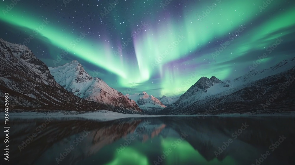 Enchanting Aurora Borealis Dance Majestic Lights Over Snow-Capped Mountains