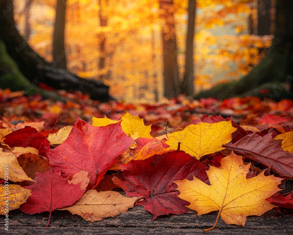 Vibrant Autumn Leaves Closeup on Wooden Surface with Blurred Forest Background - Serene Nature Concept