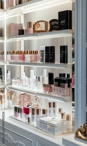 Luxury skincare products displayed on shelves.