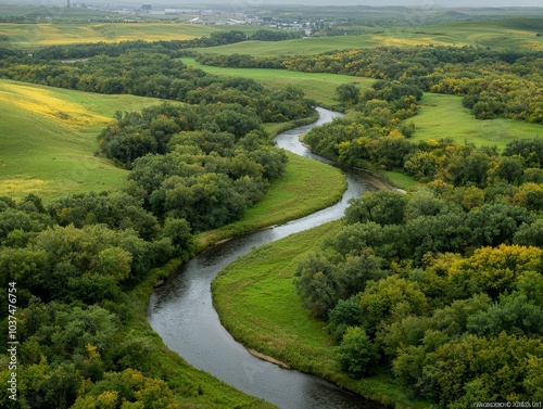 Serene Meandering River Landscape Rolling Greens and Tranquil Waters in Rural Vista