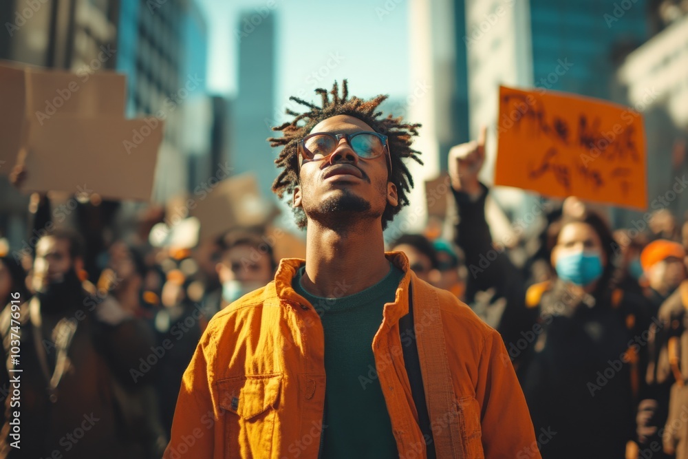 Fototapeta premium Young man leading a protest march for human rights