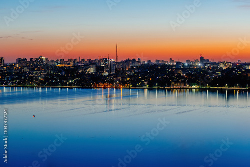 Voronezh skyline at crimson sunset, aerial view