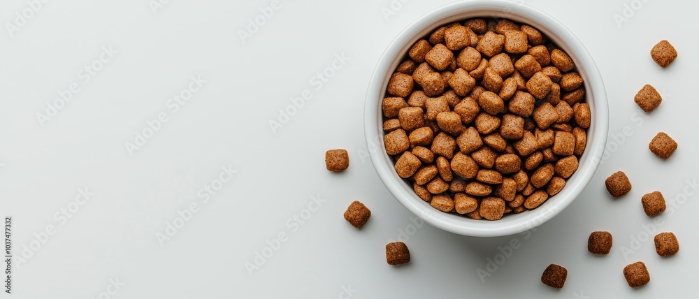 Minimalist White Ceramic Bowl with Brown Kibble on Clean Background - Pet Food Concept