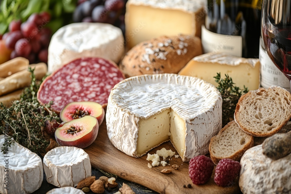 Variety of french cheese with grapes and wine on rustic wooden table Variety of french cheese with grapes and wine on rustic wooden table
