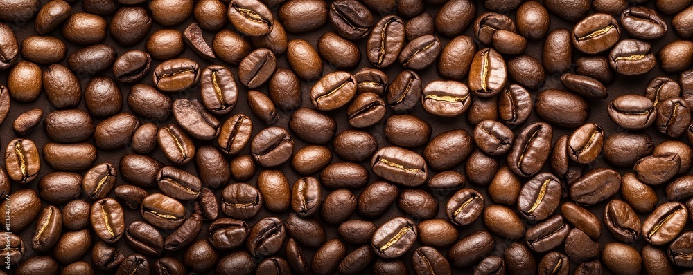 Naklejka premium A close-up view of rich, brown coffee beans, showcasing their texture and color.