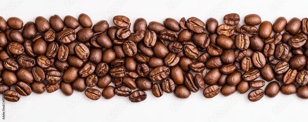 A close-up view of scattered coffee beans arranged in a horizontal line, showcasing their rich brown hues and exquisite texture. A close-up view of scattered coffee beans arranged in a horizontal line, showcasing their rich brown hues and exquisite texture.