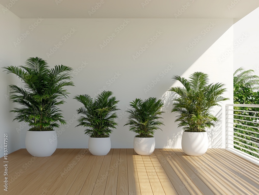 Serene Botanical Haven - Symmetrical Balcony Oasis with Lush Foliage and Minimalist Design Elements, Natural Light Ideal for Interior Design Blogs and Relaxation Promotions Serene Botanical Haven - Symmetrical Balcony Oasis with Lush Foliage and Minimalist Design Elements, Natural Light Ideal for Interior Design Blogs and Relaxation Promotions