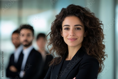 A confident woman in a business suit stands in the foreground with her team in the background, exemplifying leadership and teamwork in a modern corporate setting.