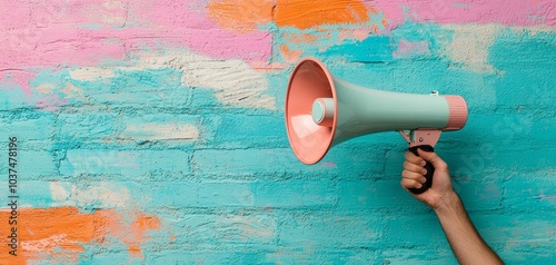 Vibrant Megaphone Announcement Lively Close-Up in Blue and Pink against Textured Wall - Energetic Communication Concept