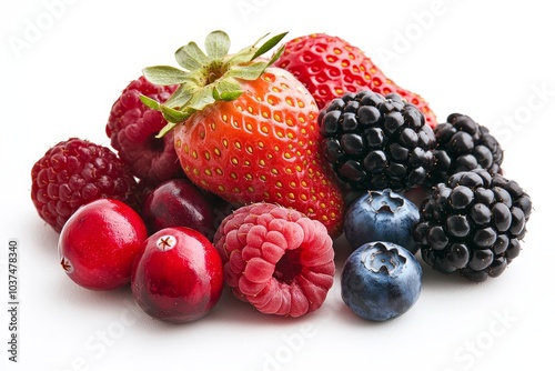 Vibrant Berry Medley Close-Up of Luscious Fresh Berries on White Background, Featuring Juicy Strawberries, Raspberries, and Blueberries - Summery, Healthy Eating Concept