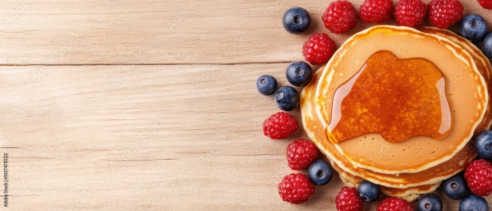 Delicious pancakes topped with syrup, surrounded by fresh raspberries and blueberries on a rustic wooden surface.