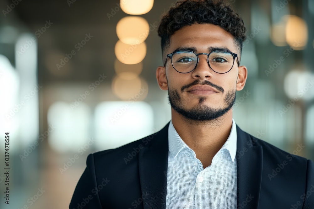 Fototapeta premium A poised young man in a sharp suit and glasses stands confidently against the backdrop of a contemporary office setting, embodying professionalism and success.