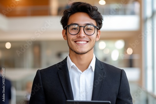 A young professional male, dressed in a formal suit and glasses, is smiling and holding a tablet confidently, standing in a brightly lit corporate environment. photo