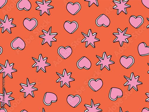 ABSTRACT SEAMLESS HEART AND STAR PATTERN ON RED BACKGROUND. GOOD CHOICE FOR SLEEP WEARS, GIRLS DRESSES, GIFT WRAPPING AND WALLPAPERS. DOODLE REPEAT HEART IN VECTOR FILE