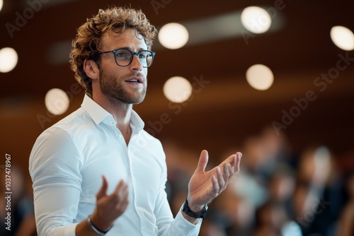 A dynamic speaker presents a talk to an engaged audience, showcasing effective public speaking, communication, and influence in a conference setting.