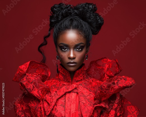 Elegant Black Woman in Red Gown Confident Fashion Portrait on Deep Red Background, Studio Shot with Dramatic Lighting for Beauty Editorial and Luxury Brand, Celebrating Cultural Diversity