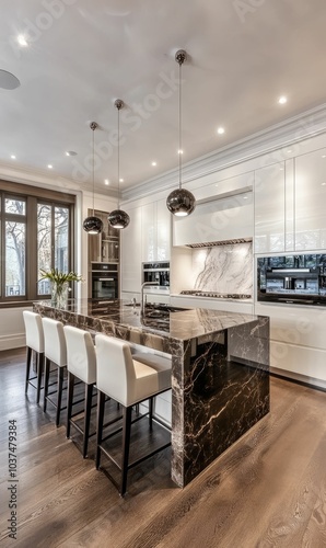 Modern kitchen island with marble countertop and bar stools. photo