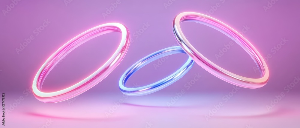 Three glowing rings in pink and blue hues float against a soft purple background, creating a vibrant, modern aesthetic. Three glowing rings in pink and blue hues float against a soft purple background, creating a vibrant, modern aesthetic.