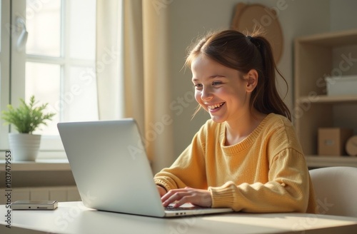 Photo of adorable sweet age woman dressed blue shirt sitting table working modern gadget smiling indoors home room