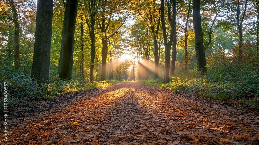 Fototapeta premium Golden Pathway: A sun-drenched forest path, dappled with autumn leaves, invites you to wander into nature's embrace. The warm glow of the sun peeks through the trees.