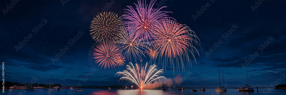 Pink and white fireworks explode over a lake with boats celebrating a summer night Pink and white fireworks explode over a lake with boats celebrating a summer night