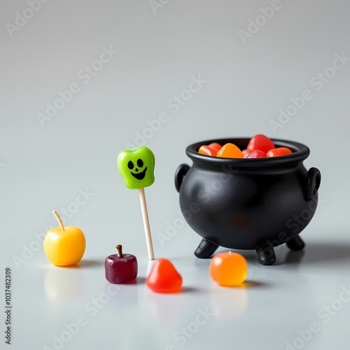 Halloween set of witch black cauldron with individual sweet candy chocolate gummy lollipop toffee apple 