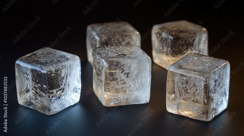 Five clear ice cubes arranged on a dark surface, showcasing their crystalline structure. Five clear ice cubes arranged on a dark surface, showcasing their crystalline structure.