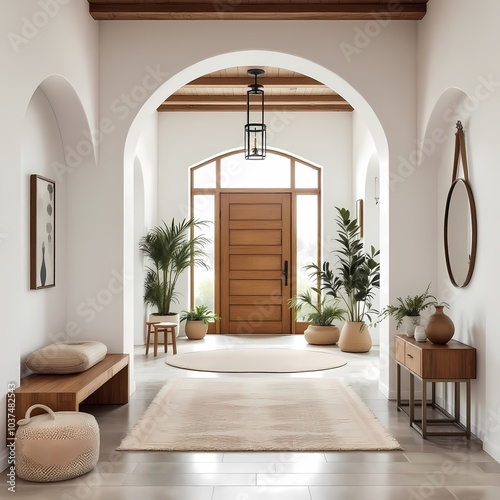 Mediterranean interior design of modern home entryway with arched walls