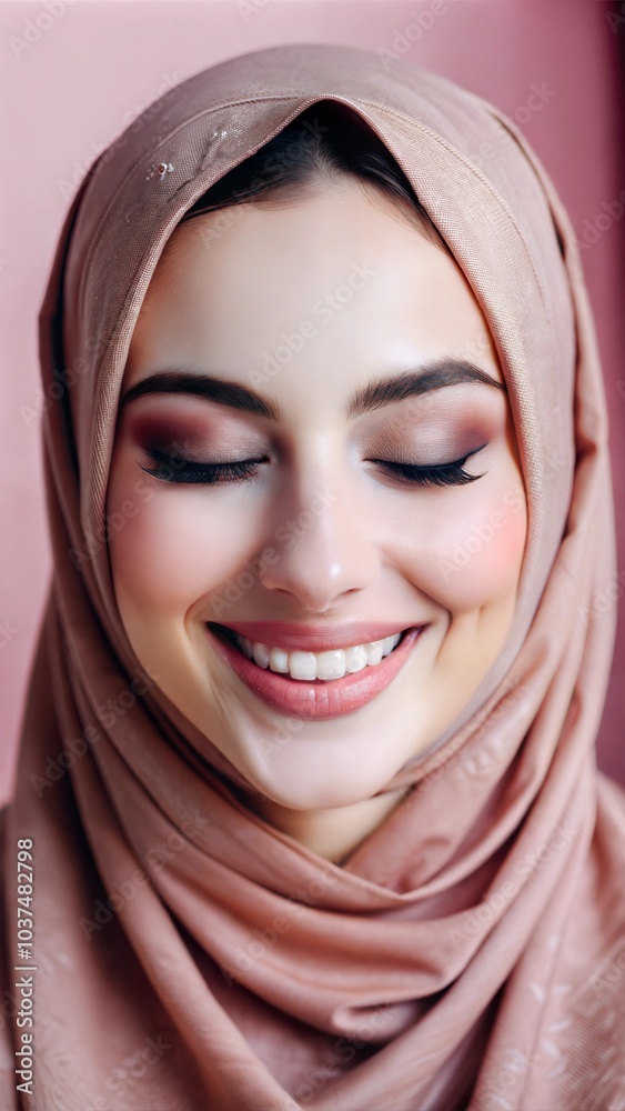 A young woman wearing a light-hued hijab smiles joyfully while posing against a soft pink background during a serene indoor moment. Generative AI A young woman wearing a light-hued hijab smiles joyfully while posing against a soft pink background during a serene indoor moment. Generative AI