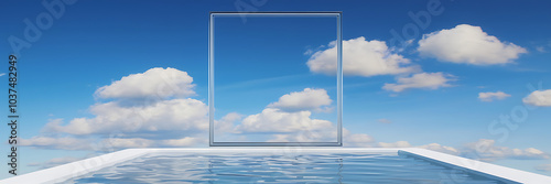 Blue sky  white clouds  and a pool with a frame  minimalist design  summer vacation  and relaxation   