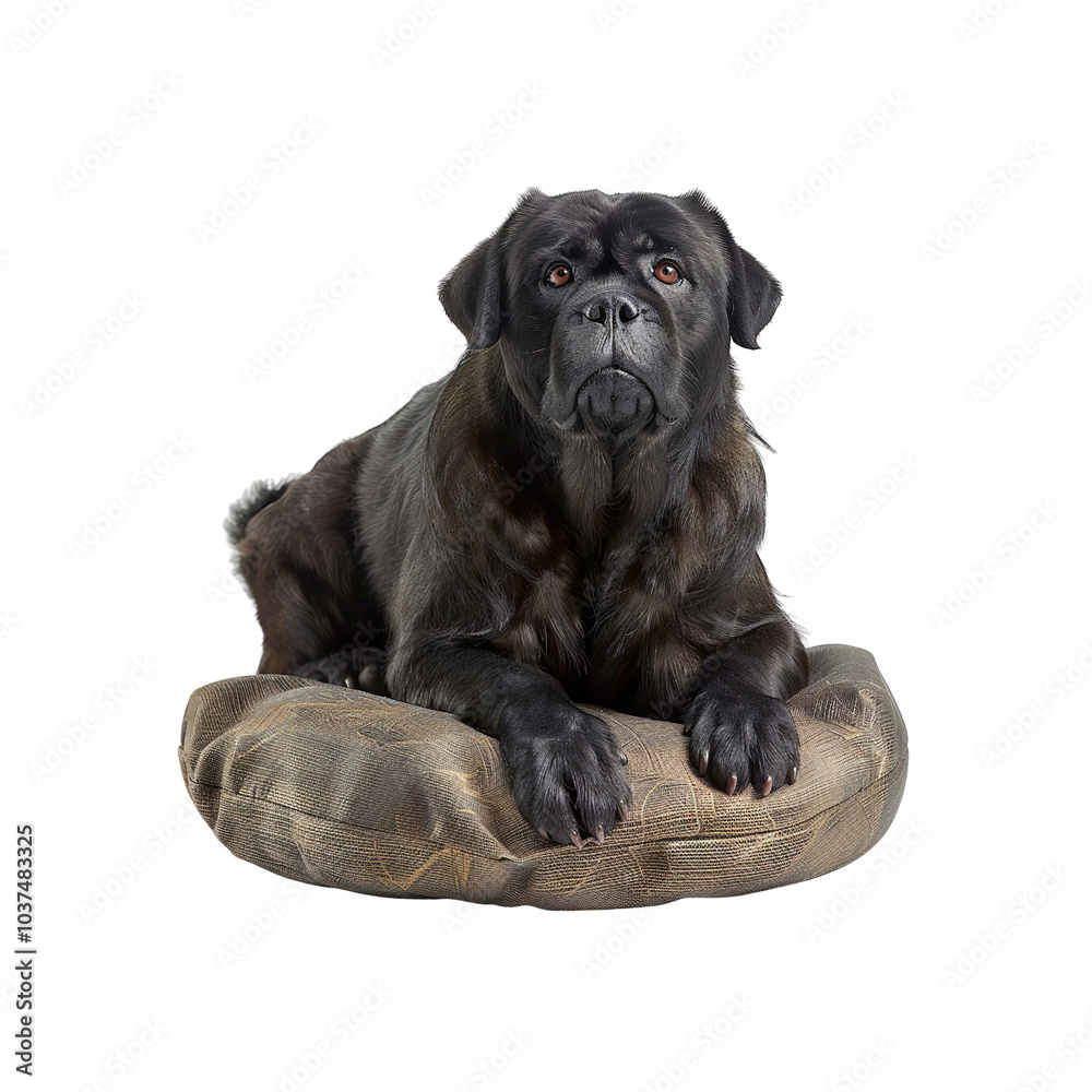 Black Dog Relaxing on a Brown Cushion Black Dog Relaxing on a Brown Cushion