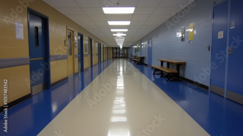 a long hallway with blue walls and blue floors