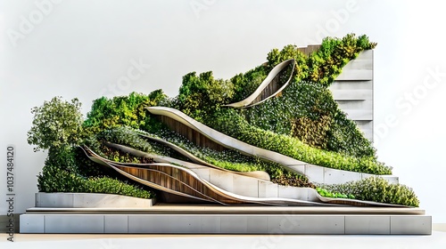 Modern Green Wall Architecture with Curved Elements and Lush Vegetation photo