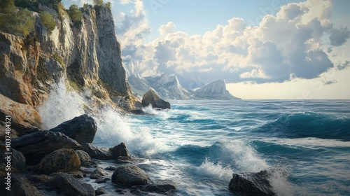 Serene Coastal Landscape with Waves and Rocky Shoreline