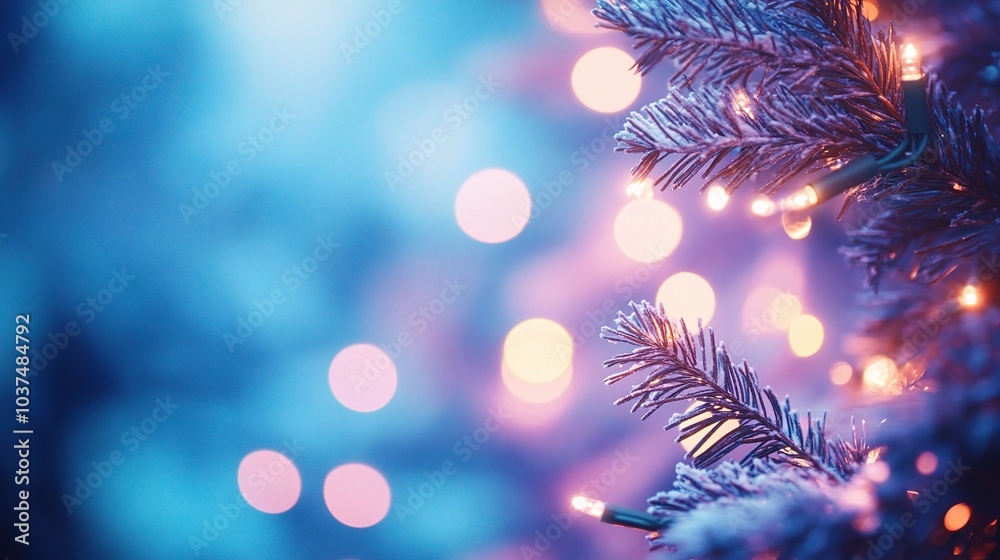 Winter Wonderland: A frosty pine branch adorned with twinkling lights, creating a magical and festive atmosphere. Perfect for holiday cards, social media. Winter Wonderland: A frosty pine branch adorned with twinkling lights, creating a magical and festive atmosphere. Perfect for holiday cards, social media.