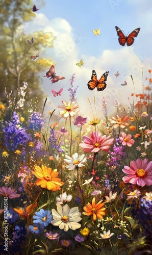 Butterflies flying above blooming wildflowers.