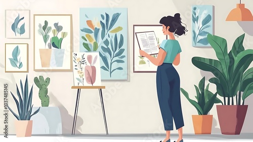 Woman Looking at Artwork in Home Gallery with Plants and Decor
