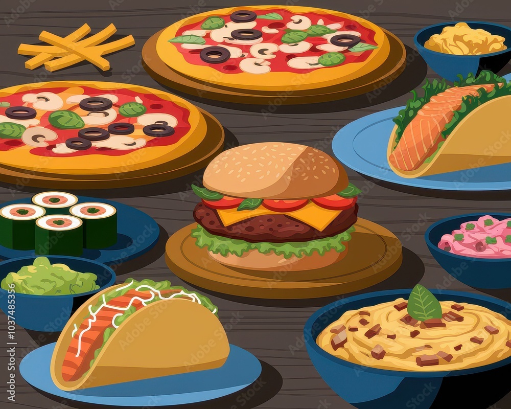 Delightful feast an array of mouthwatering dishes including pizza burger sushi and tacos perfect for any occasion Delightful feast an array of mouthwatering dishes including pizza burger sushi and tacos perfect for any occasion