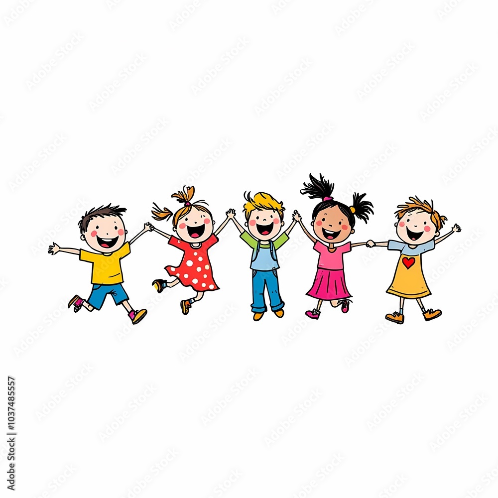 Fototapeta premium cute cartoon children's drawing of many happy kids holding hands and jumping
