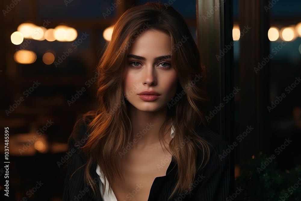 Portrait of beautiful young woman in cafe at night. Beauty, fashion. Portrait of beautiful young woman in cafe at night. Beauty, fashion.