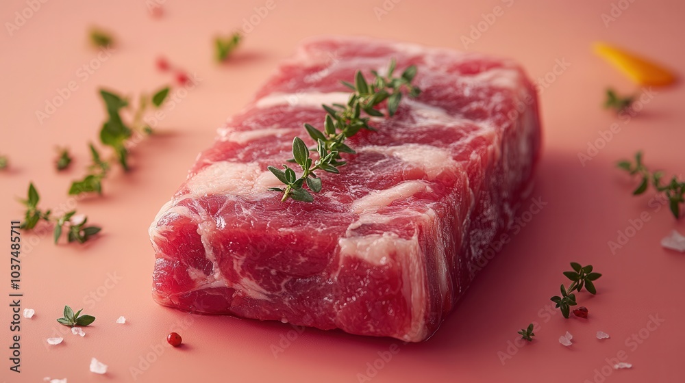 Fototapeta premium Fresh cut of meat garnished with thyme and sea salt on a light pink background ready for culinary preparation, beef,