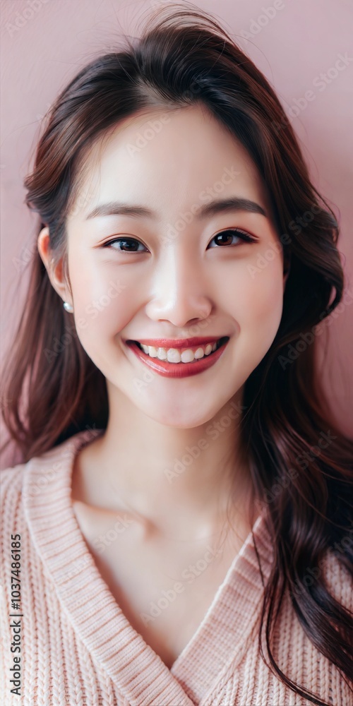 A young woman with a warm smile poses against a soft pink background, showcasing her natural beauty and cheerful personality. Generative AI A young woman with a warm smile poses against a soft pink background, showcasing her natural beauty and cheerful personality. Generative AI