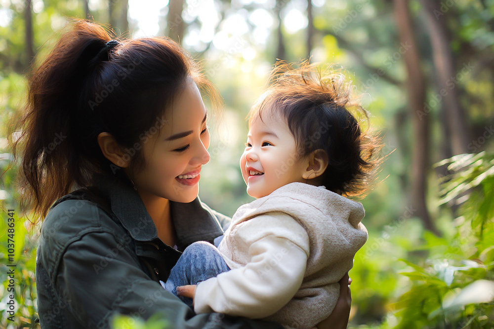 a young asian mother and her daughter lying on the grass in a natural setting with green foliage. Both are smiling at each other joyfully, sharing a moment of warmth and happiness a young asian mother and her daughter lying on the grass in a natural setting with green foliage. Both are smiling at each other joyfully, sharing a moment of warmth and happiness