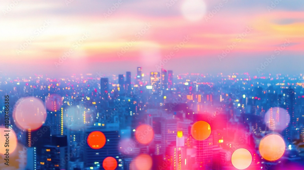 Fototapeta premium City Lights Dreamscape: A mesmerizing panorama of a city skyline bathed in the warm glow of a vibrant sunset, capturing the ethereal beauty of urban life and the promise of a new dawn.