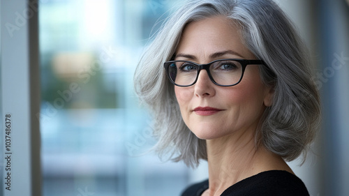 Smiling blonde businesswoman in glasses looks confidently into the camera